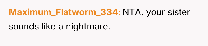 Maximum_Flatworm_334 NTA, your sister sounds like a nightmare.