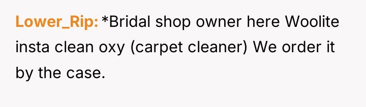 Lower_Rip *Bridal shop owner here Woolite insta clean oxy (carpet...