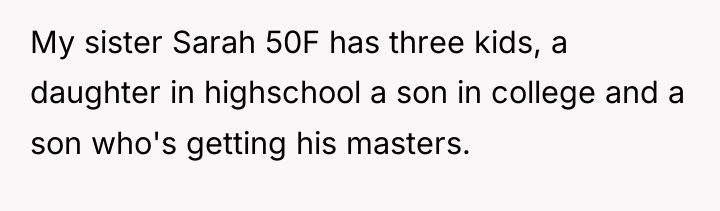 My sister Sarah 50F has three kids, a daughter in...