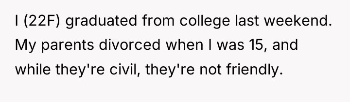 I (22F) graduated from college last weekend. My parents divorced...