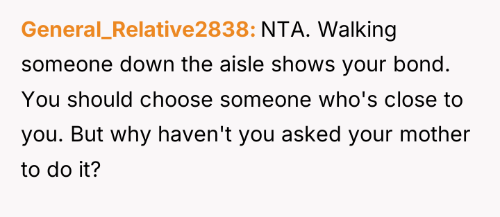 General_Relative2838 NTA. Walking someone down the aisle shows your bond....