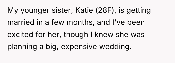 My younger sister, Katie (28F), is getting married in a...