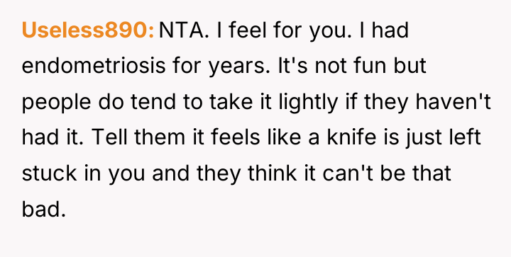 Useless890 NTA. I feel for you. I had endometriosis for...