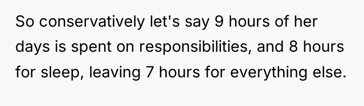 So conservatively let's say 9 hours of her days is...