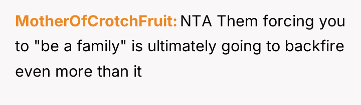 MotherOfCrotchFruit NTA Them forcing you to "be a family" is...