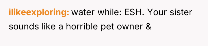 ilikeexploring water while: ESH. Your sister sounds like a horrible...