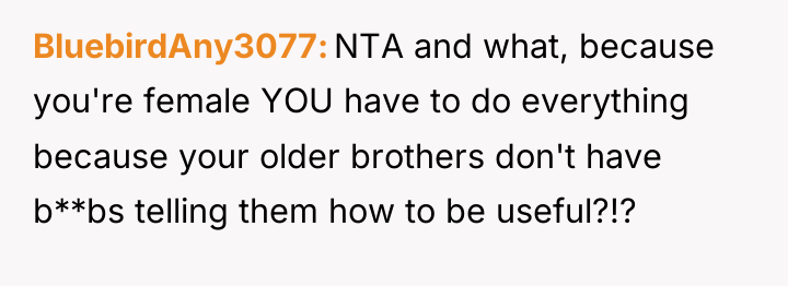 BluebirdAny3077 NTA and what, because you're female YOU have to...