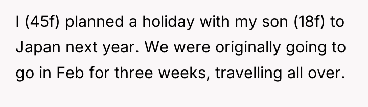 I (45f) planned a holiday with my son (18f) to...