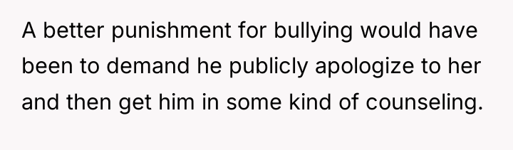A better punishment for bullying would have been to demand...
