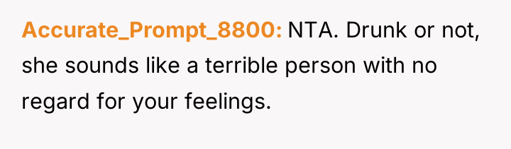 Accurate_Prompt_8800 NTA. Drunk or not, she sounds like a terrible...