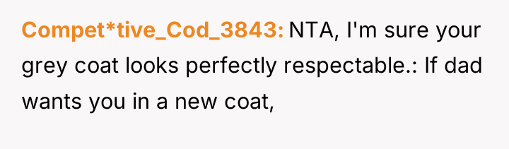 Compet*tive_Cod_3843 NTA, I'm sure your grey coat looks perfectly respectable.:...