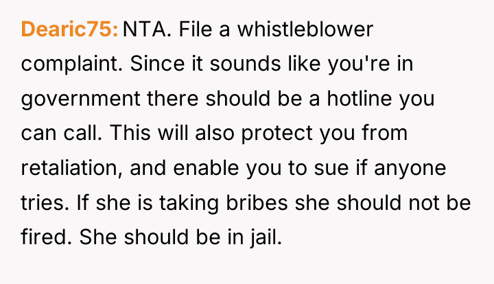 Dearic75 NTA. File a whistleblower complaint. Since it sounds like...