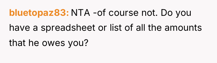 bluetopaz83 NTA -of course not. Do you have a spreadsheet...