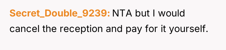 Secret_Double_9239 NTA but I would cancel the reception and pay...