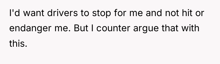 I'd want drivers to stop for me and not hit...