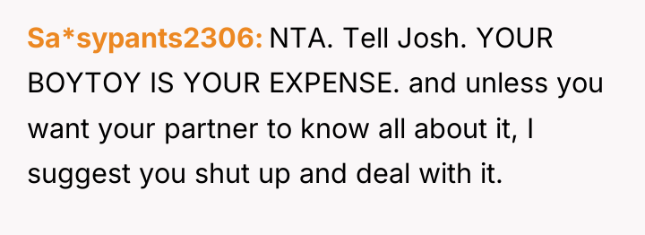 Sa*sypants2306 NTA. Tell Josh. YOUR BOYTOY IS YOUR EXPENSE. and...