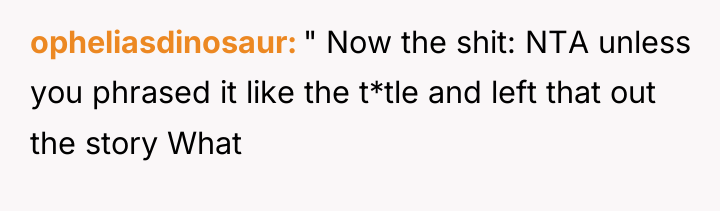 opheliasdinosaur " Now the shit: NTA unless you phrased it...