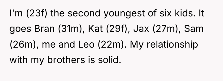 I'm (23f) the second youngest of six kids. It goes...