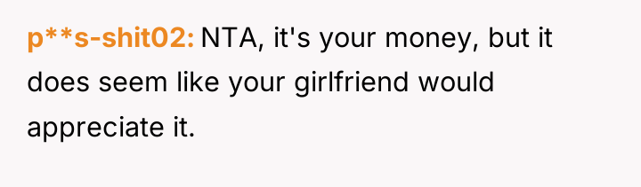 p**s-shit02 NTA, it's your money, but it does seem like...