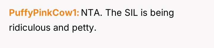 PuffyPinkCow1 NTA. The SIL is being ridiculous and petty.
