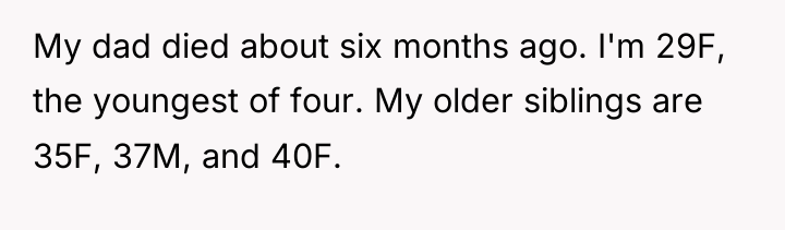 My dad died about six months ago. I'm 29F, the...