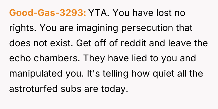 Good-Gas-3293 YTA. You have lost no rights. You are imagining...