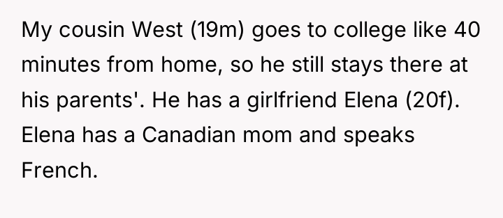 My cousin West (19m) goes to college like 40 minutes...
