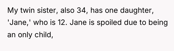 My twin sister, also 34, has one daughter, 'Jane,' who...