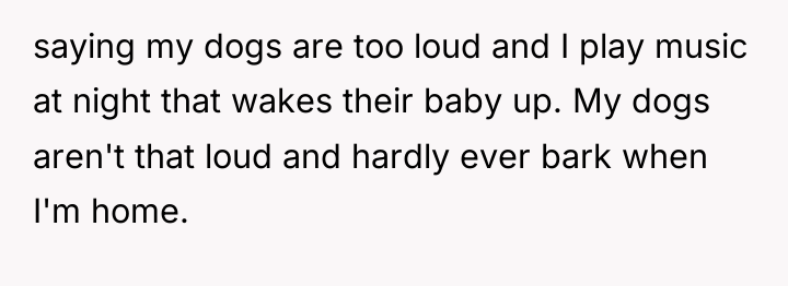 saying my dogs are too loud and I play music...