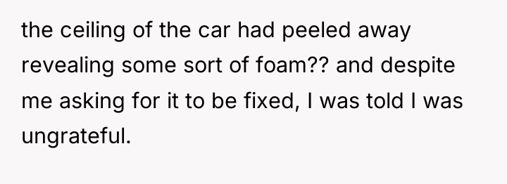 the ceiling of the car had peeled away revealing some...