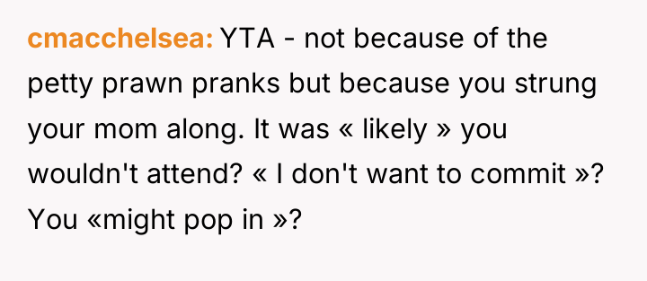 cmacchelsea YTA - not because of the petty prawn pranks...