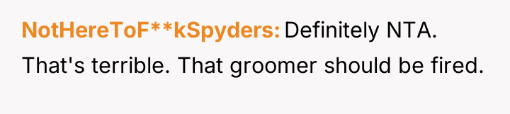NotHereToF**kSpyders Definitely NTA. That's terrible. That groomer should be fired.