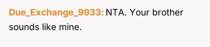 Due_Exchange_9933 NTA. Your brother sounds like mine.