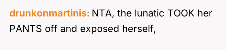 drunkonmartinis NTA, the lunatic TOOK her PANTS off and exposed...