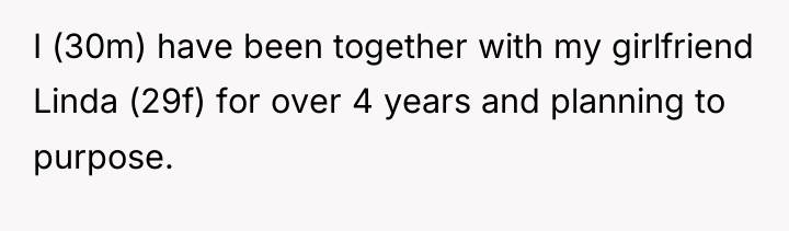 I (30m) have been together with my girlfriend Linda (29f)...