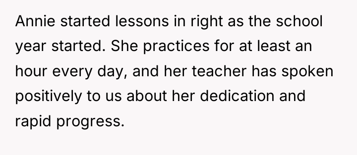 Annie started lessons in right as the school year started....