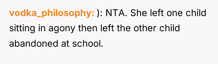 vodka_philosophy ): NTA. She left one child sitting in agony...