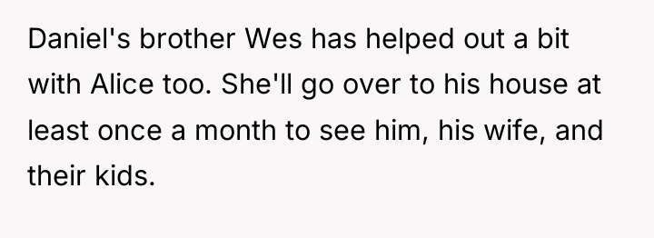 Daniel's brother Wes has helped out a bit with Alice...