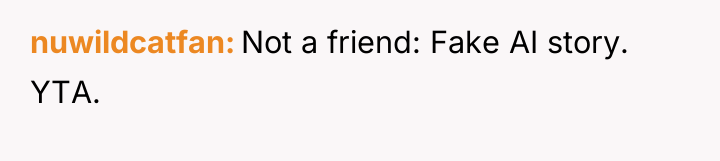 nuwildcatfan Not a friend: Fake AI story. YTA.