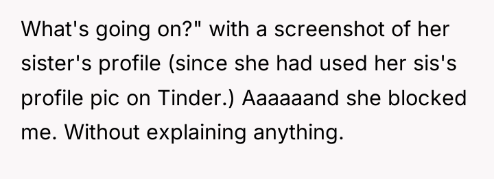 What's going on?" with a screenshot of her sister's profile...