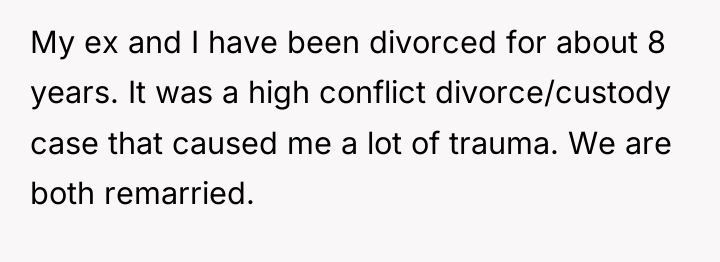 My ex and I have been divorced for about 8...