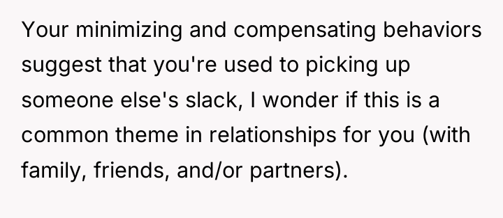Your minimizing and compensating behaviors suggest that you're used to...