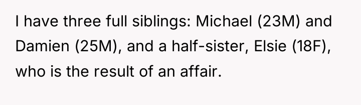 I have three full siblings: Michael (23M) and Damien (25M),...