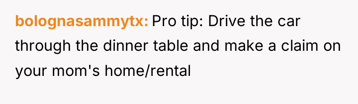 bolognasammytx Pro tip: Drive the car through the dinner table...