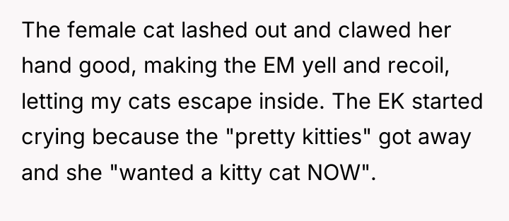 The female cat lashed out and clawed her hand good,...