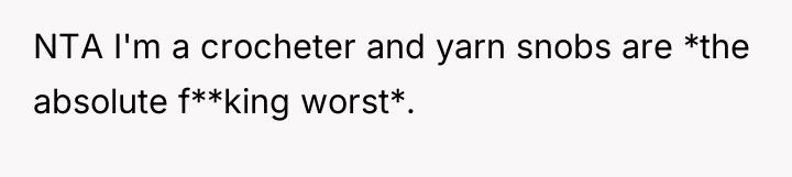 NTA I'm a crocheter and yarn snobs are *the absolute...