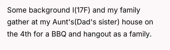 Some background I(17F) and my family gather at my Aunt's(Dad's...