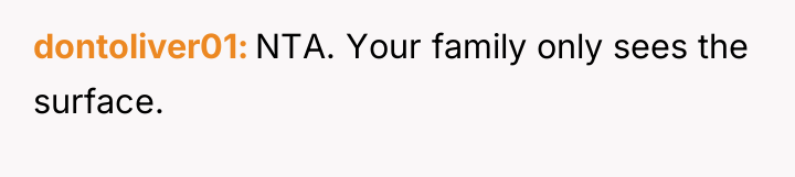 dontoliver01 NTA. Your family only sees the surface.