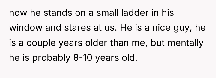 now he stands on a small ladder in his window...