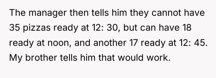 The manager then tells him they cannot have 35 pizzas...